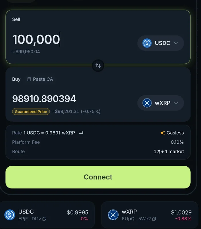 Jupiter quoting 100,000 USDC at 98,910.89 wXRP via an off-chain Guaranteed Price